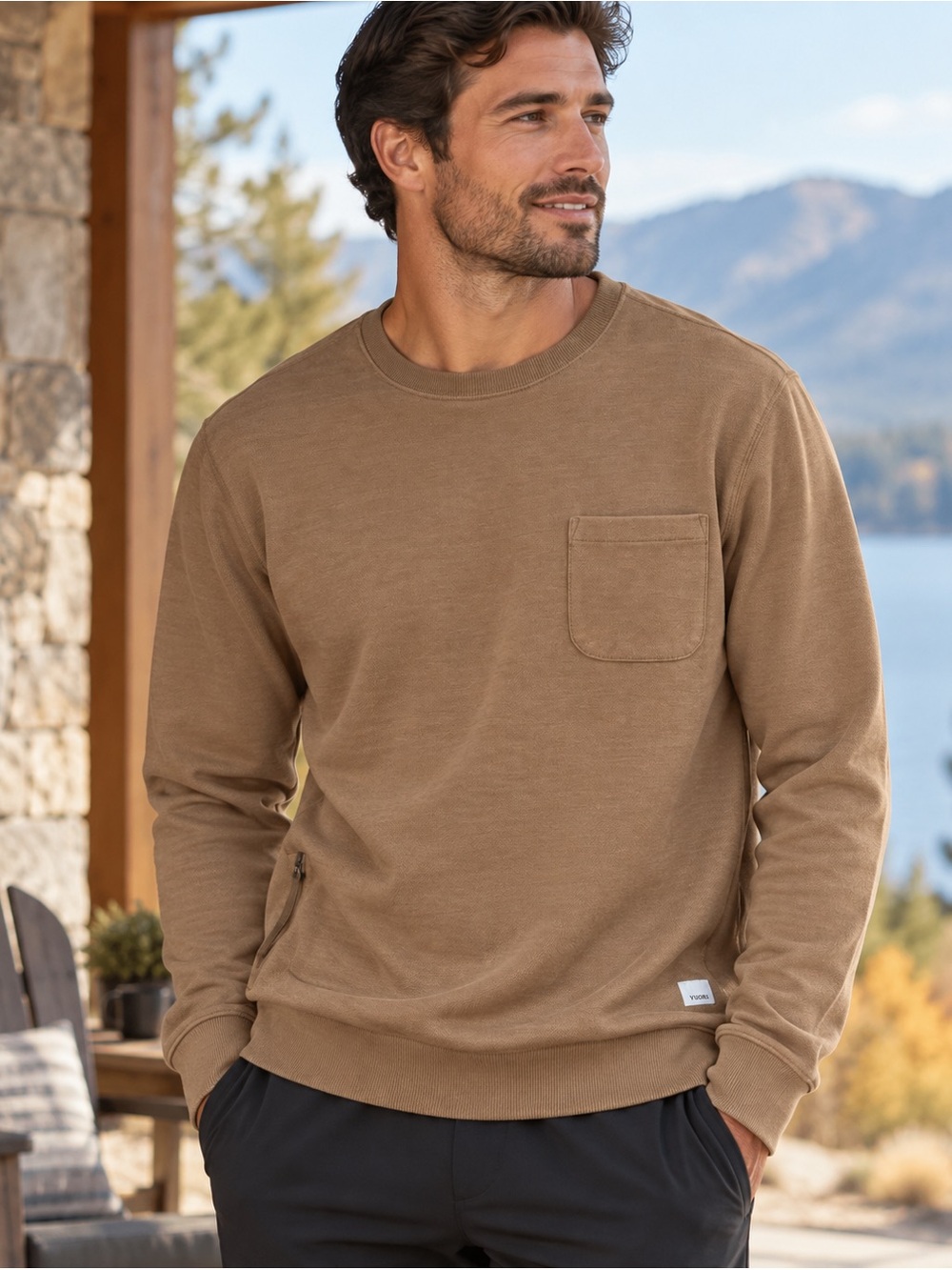 Vuori Jeffreys Pullover Men’s L Walnut tan Heather Brown Crewneck quiet luxury